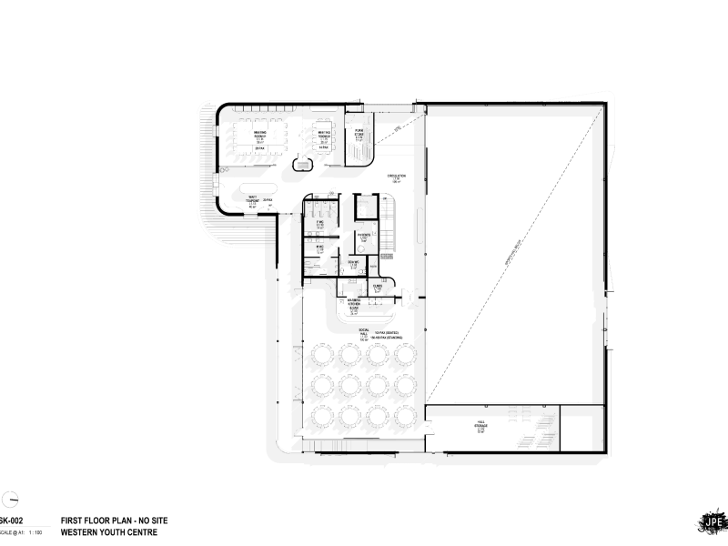 First floor plans of new building including storage rooms, toilets, meeting rooms, kitchen and bar, and social hall with capacity for 150 people.