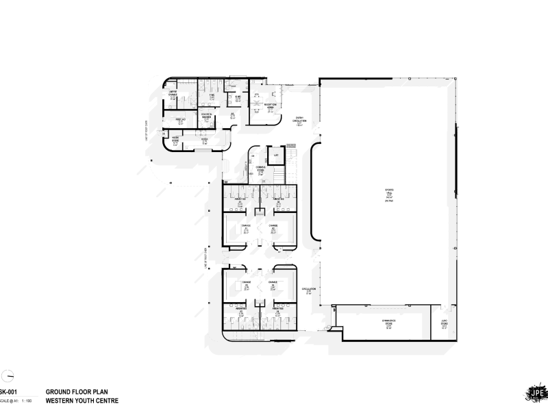 Ground floor plans of new building including sports hall with capacity for 210 people, change rooms, toilets and bathrooms, storerooms, a kiosk and reception area, and a lift. 