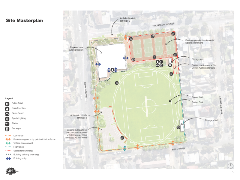 Site layout plan showing new building on corner of Marion Road and Hounslow Avenue, Cowandilla. Site also includes 4 tennis courts, 2 cricket practice nets, a soccer field and cricket oval, 2 storage sheds, and 33 new car parks accessed via Neil Road.